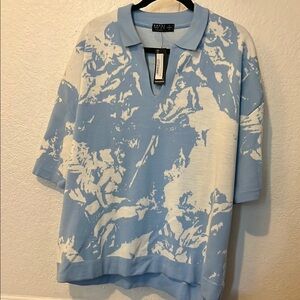 Boohoo Mens Blue and White Polo Shirt with Distressed Pattern